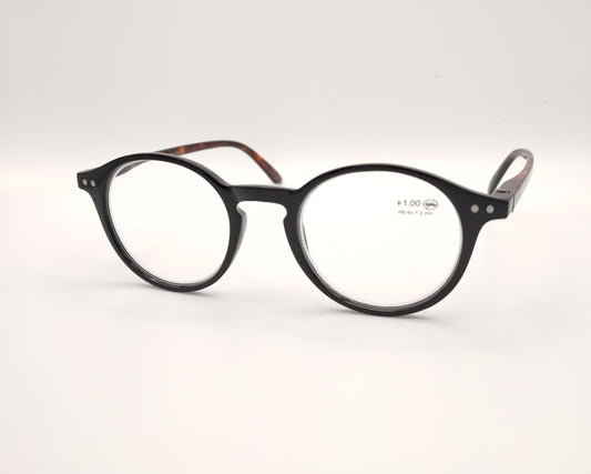 gafas de lectura redondas con montura negra y patillas en carey 