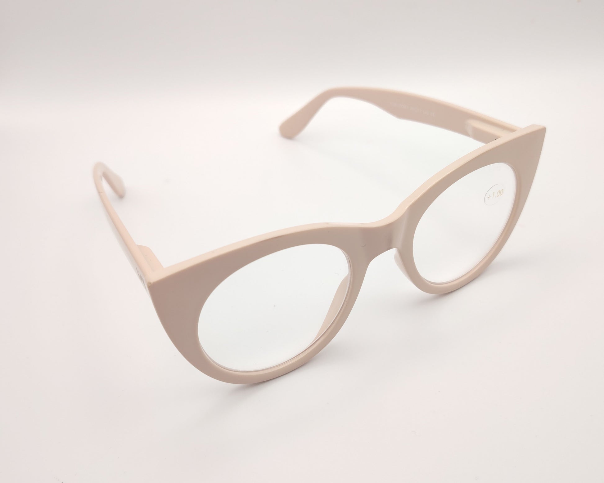 gafas premontadas de lectura de forma redondeada en color beige claro +1.00 dioptrías