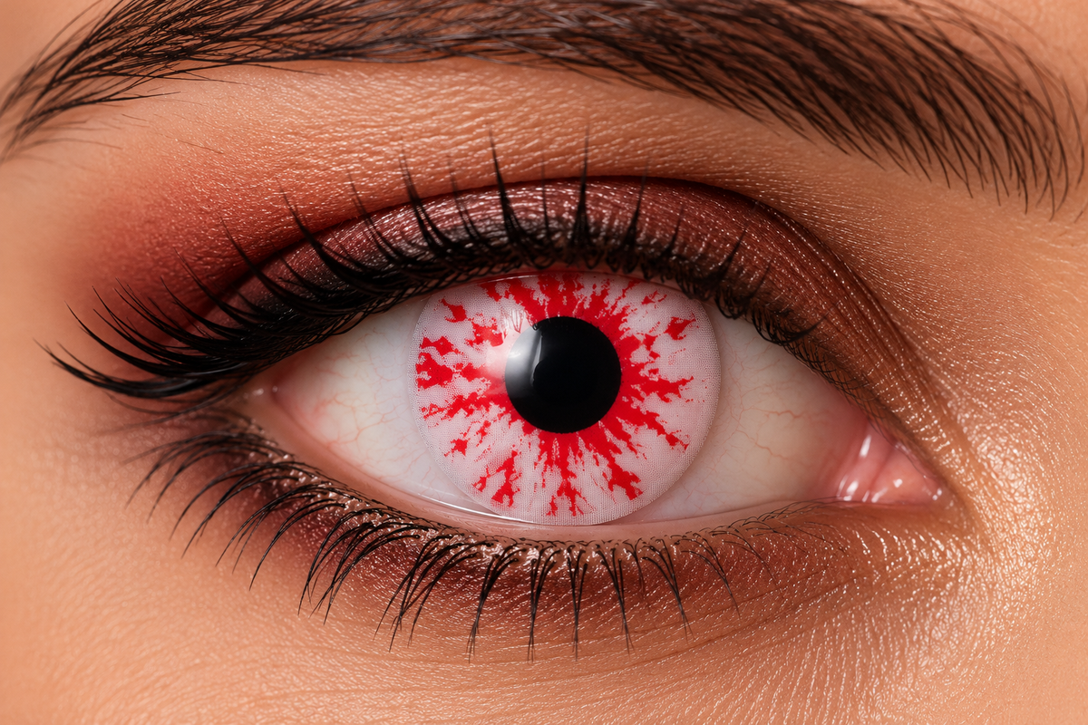lentillas de fantasía semanales para halloween bloodshot blancas con moteado rojo simulando sangre