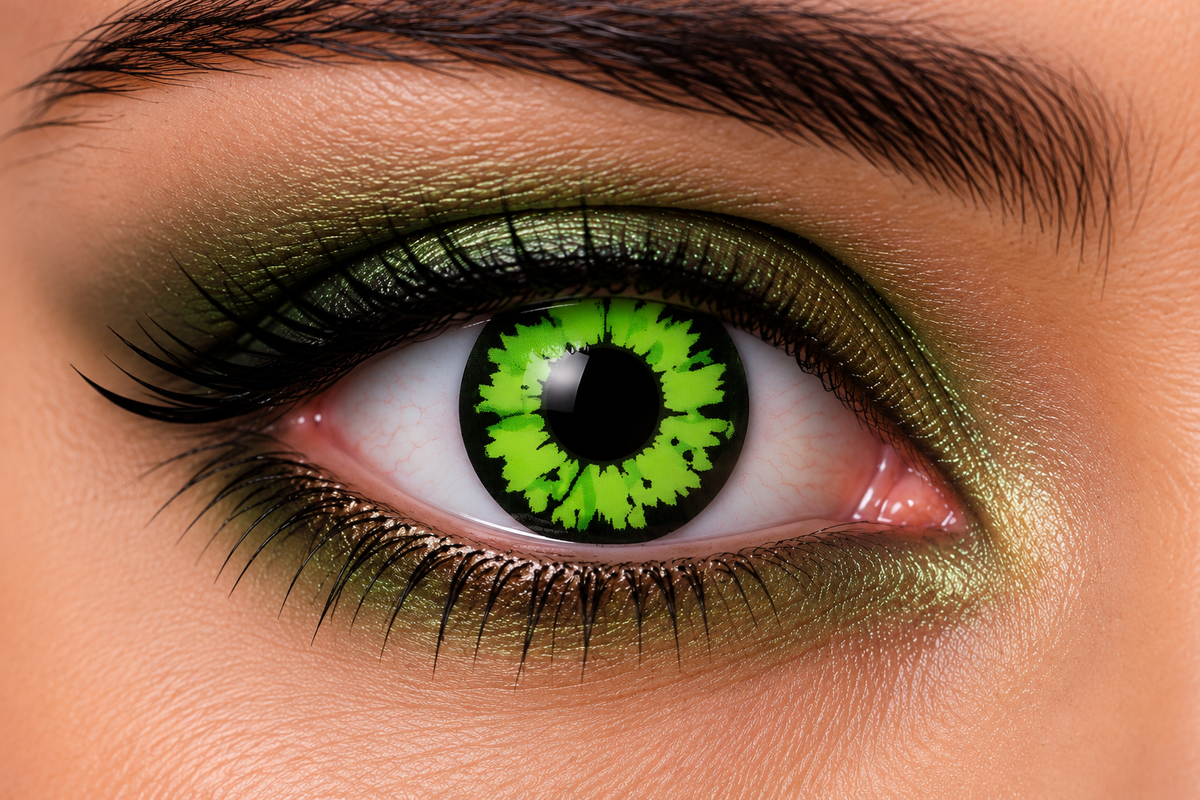 lentillas de fantasía semanales para halloween verdes con moteado negro simulando ojo de reptil