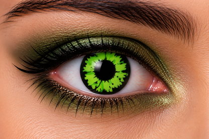 lentillas de fantasía semanales para halloween verdes con moteado negro simulando ojo de reptil