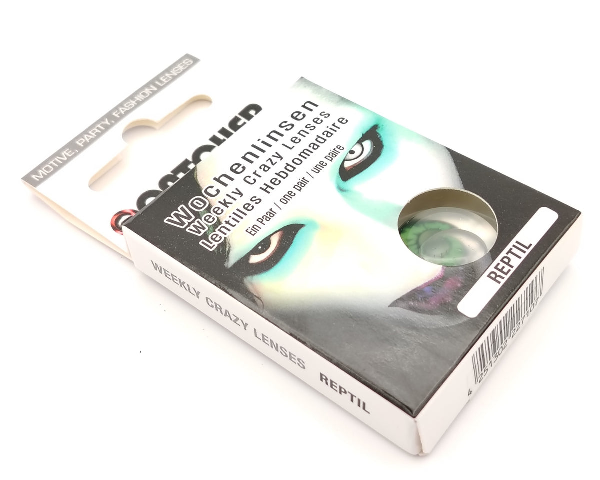 lentillas de fantasía semanales para halloween verdes con moteado negro simulando ojo de reptil