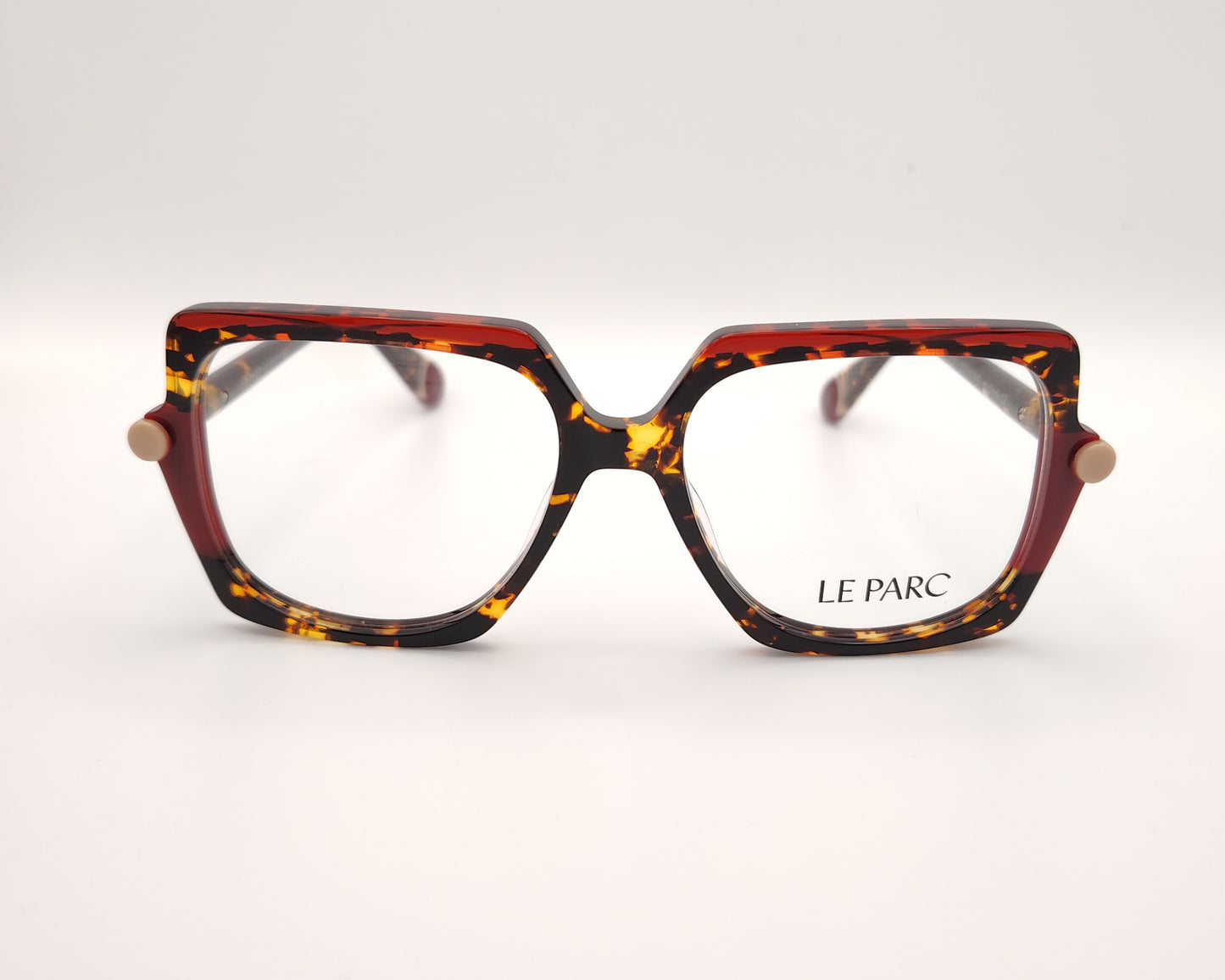 gafas cuadradas grandes con montura carey y detalles burdeos marca le parc