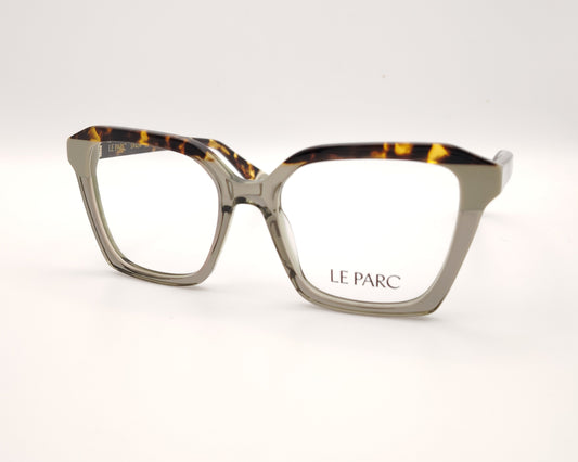 gafas angulosas de pasta con montura gris verdosa y parte superior en acetato carey