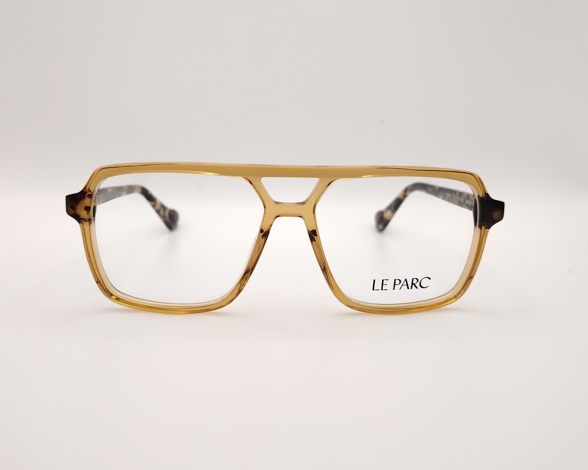 gafas rectangulares color miel con doble puente y varillas carey marca le parc