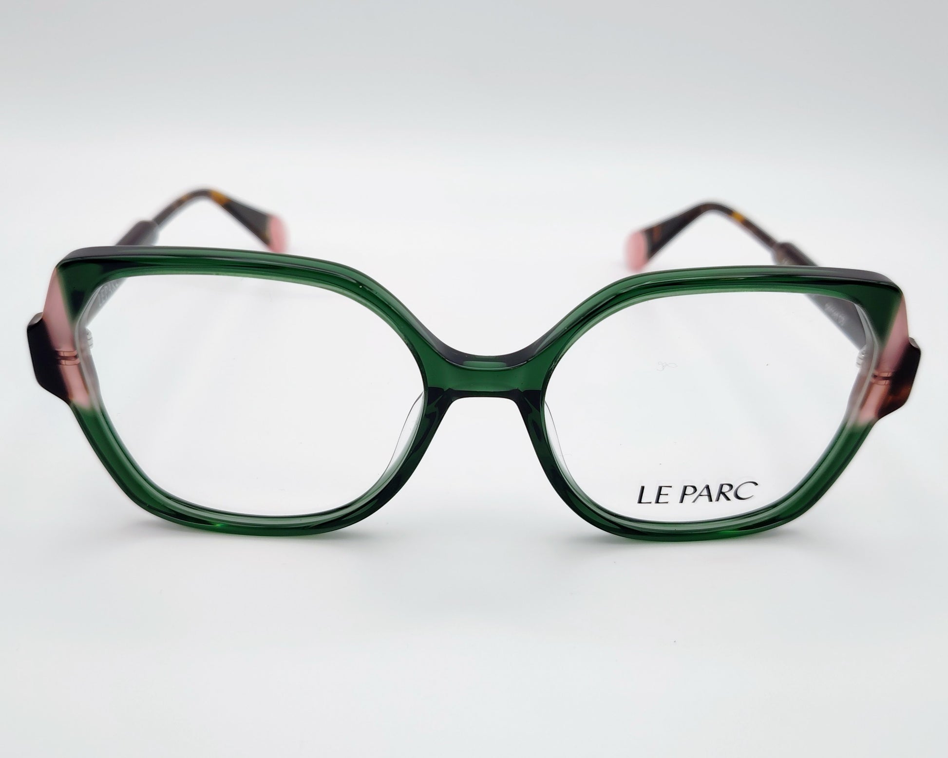 gafas le parc porset 03, montura de acetato en tonos verde y rosa, diseño cuadrado con bordes suaves, estilo elegante y contemporáneo