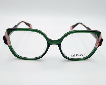 gafas le parc porset 03, montura de acetato en tonos verde y rosa, diseño cuadrado con bordes suaves, estilo elegante y contemporáneo