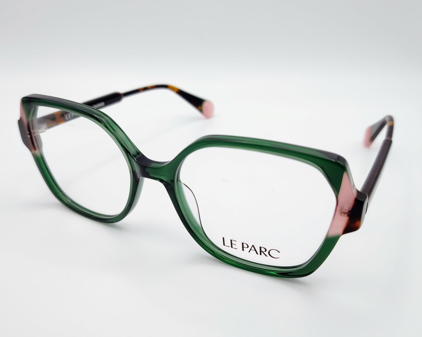 gafas le parc porset 03, montura de acetato en tonos verde y rosa, diseño cuadrado con bordes suaves, estilo elegante y contemporáneo