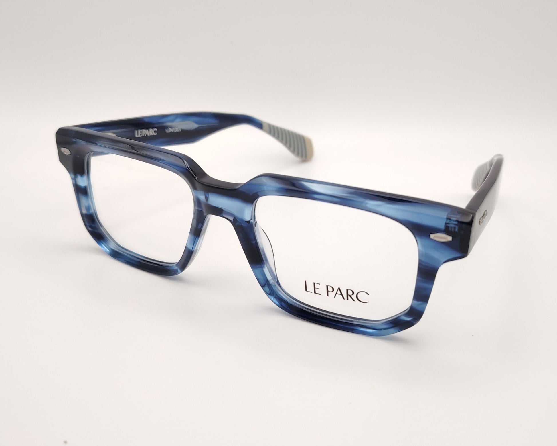gafas de vista le parc rohe con montura gruesa de acetato en azul marmolado y varillas con detalles en gris