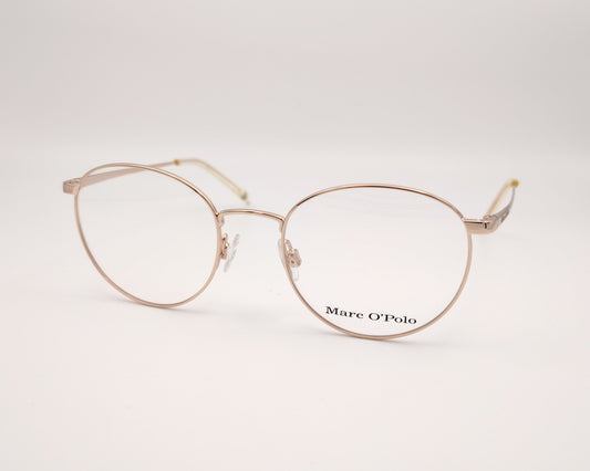 gafas redondas metálicas dorado marc o’polo con varillas finas y terminales traslúcidos