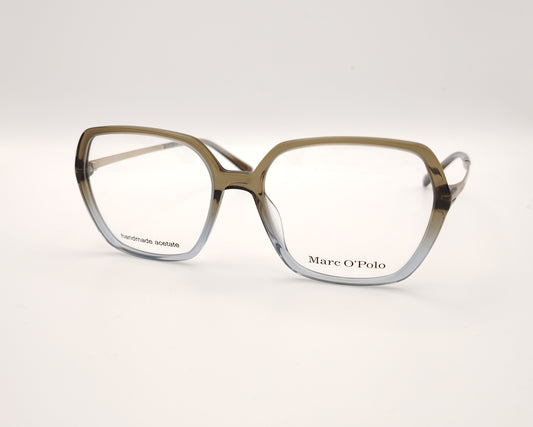 gafas marc o’polo cuadradas en acetato bicolor verde y azul con varillas doradas finas