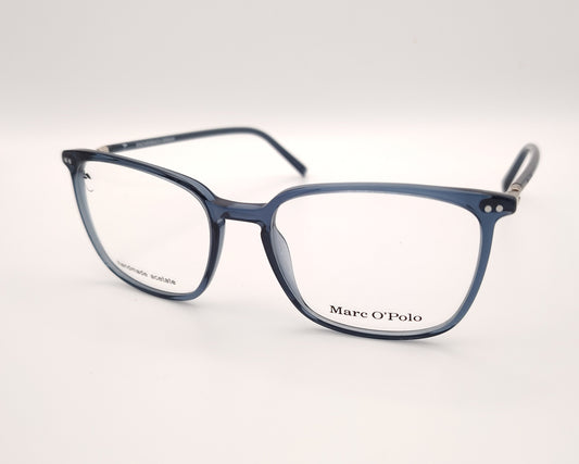 gafas cuadradas marc o’polo en acetato azul translúcido con varillas finas