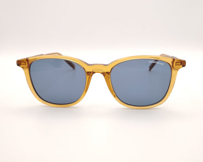 gafas de sol montblanc color ámbar con lentes azules oscuras y montura translúcida