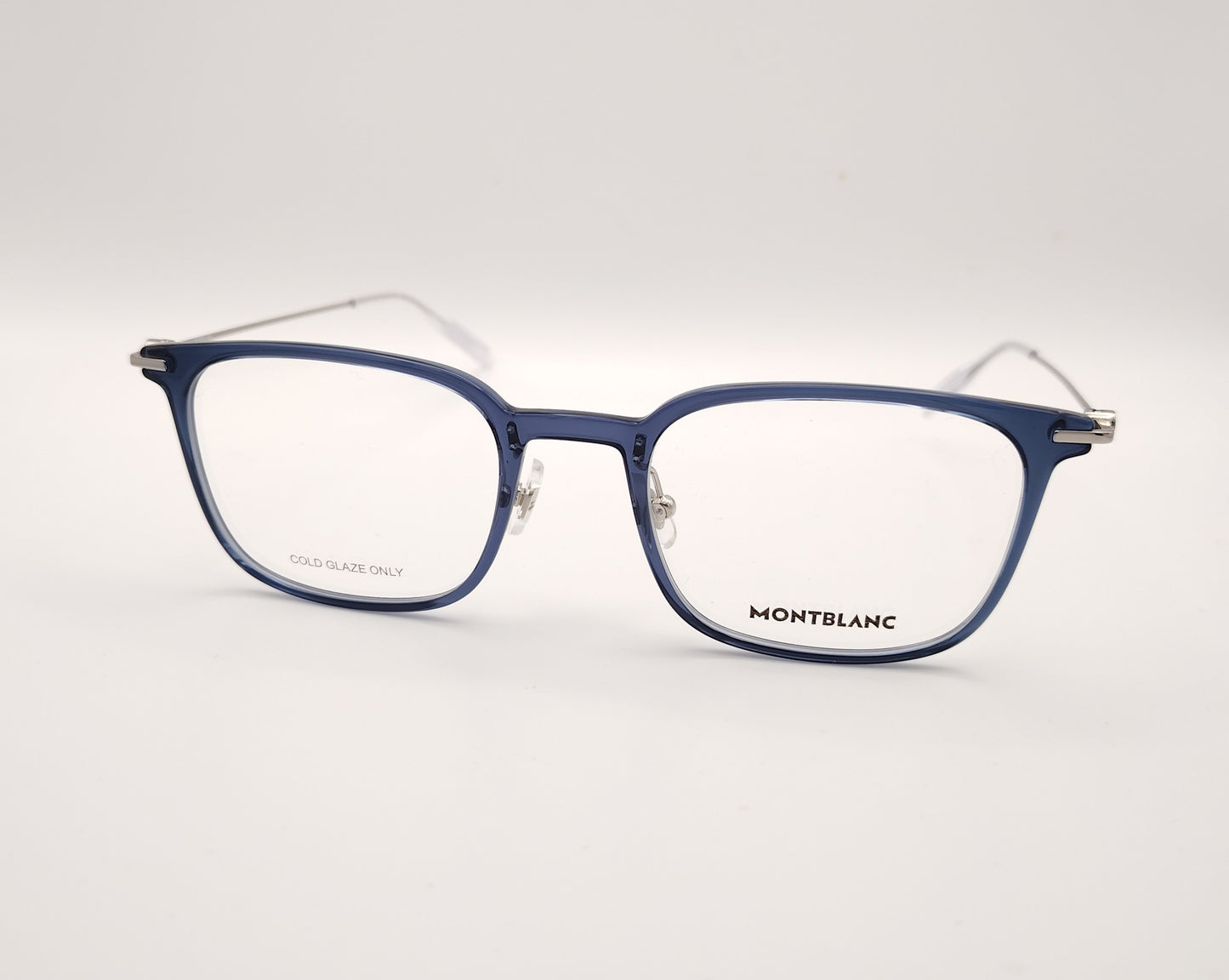 gafas montblanc con montura azul translúcida y varillas metálicas finas