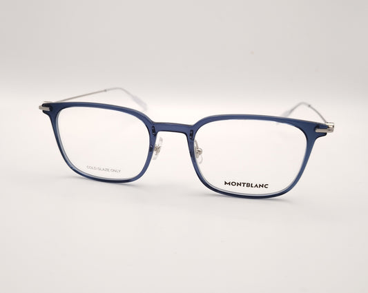 gafas montblanc con montura azul translúcida y varillas metálicas finas
