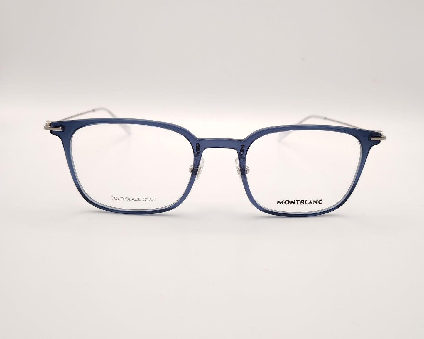gafas montblanc con montura azul translúcida y varillas metálicas finas