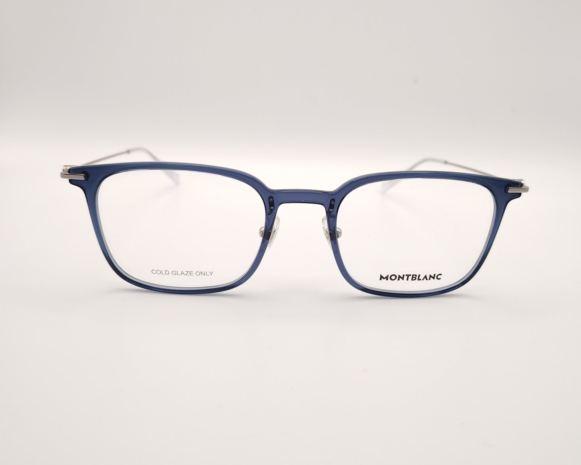 gafas montblanc con montura azul translúcida y varillas metálicas finas