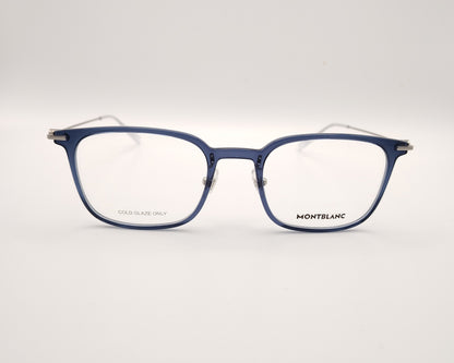 gafas montblanc con montura azul translúcida y varillas metálicas finas