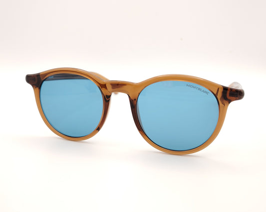 gafas de sol montblanc redondas con montura color ámbar y cristales azules