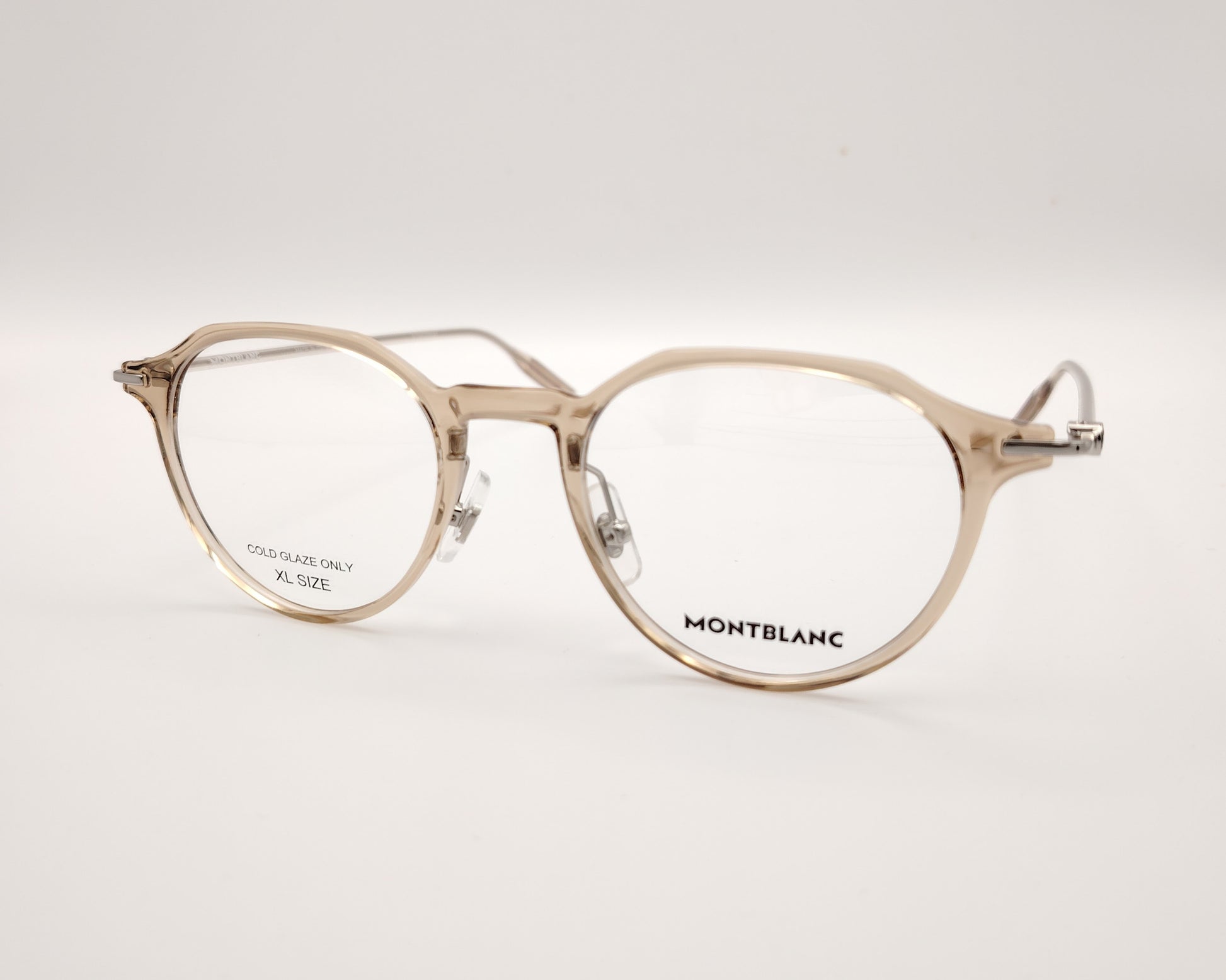 gafas montblanc redondas beige translúcidas con varillas metálicas finas