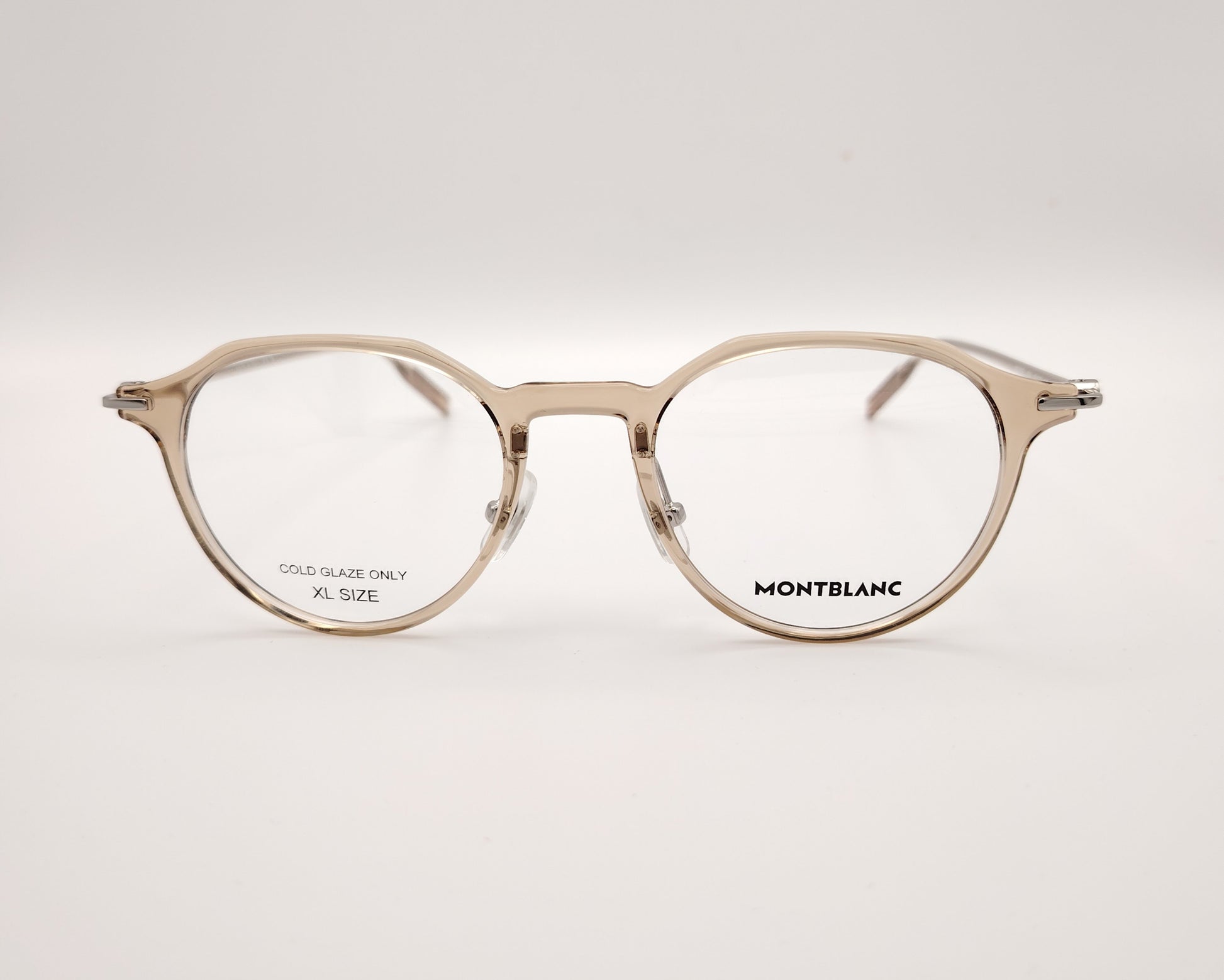 gafas montblanc redondas beige translúcidas con varillas metálicas finas