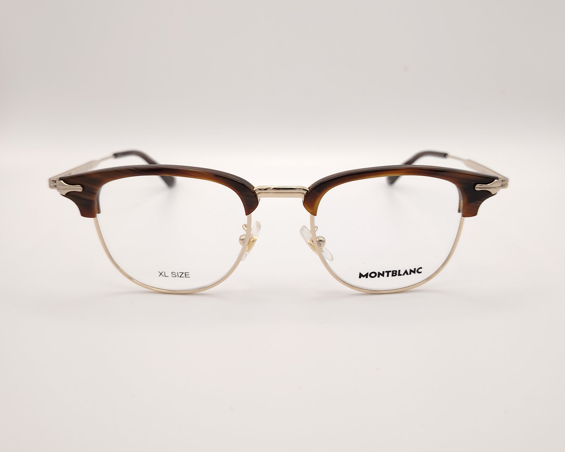 gafas montblanc clubmaster con parte superior marrón veteado y montura metálica dorada