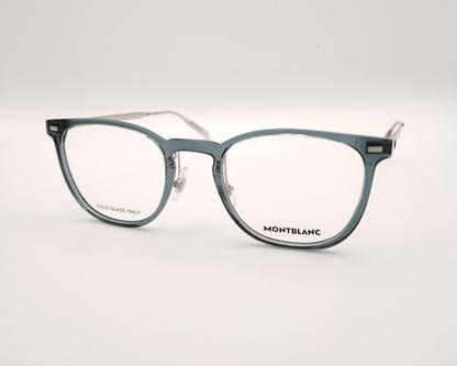 gafas montblanc con montura azul translúcida rectangular y varillas metálicas en plata