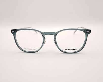 gafas montblanc con montura azul translúcida rectangular y varillas metálicas en plata