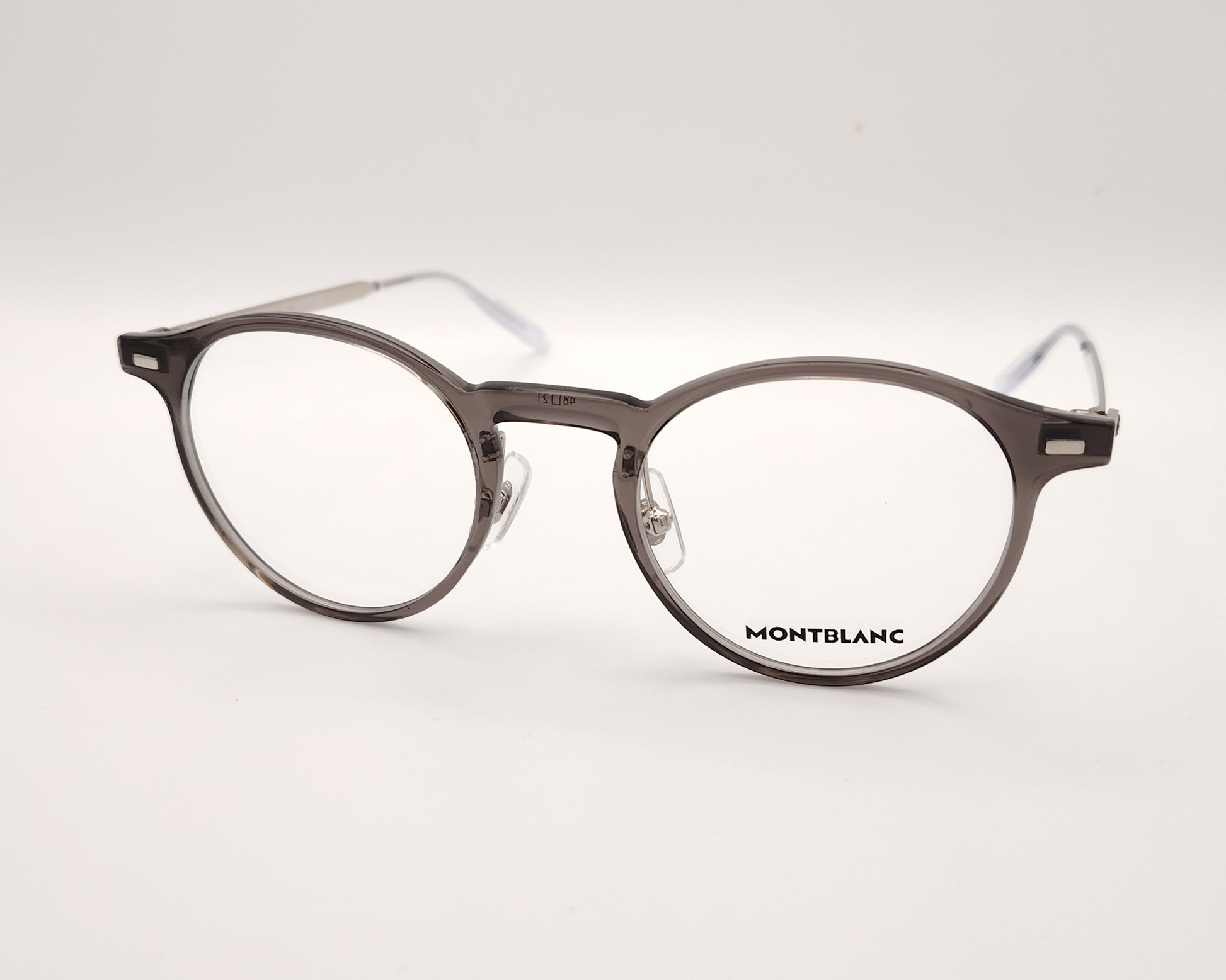 gafas montblanc redondas con frontal gris transparente y varillas metálicas finas