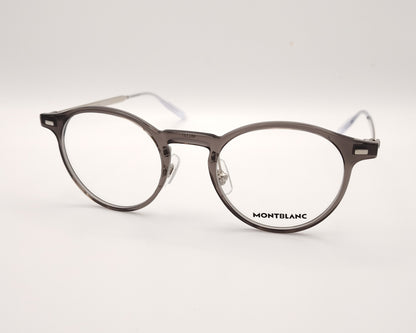 gafas montblanc redondas con frontal gris transparente y varillas metálicas finas