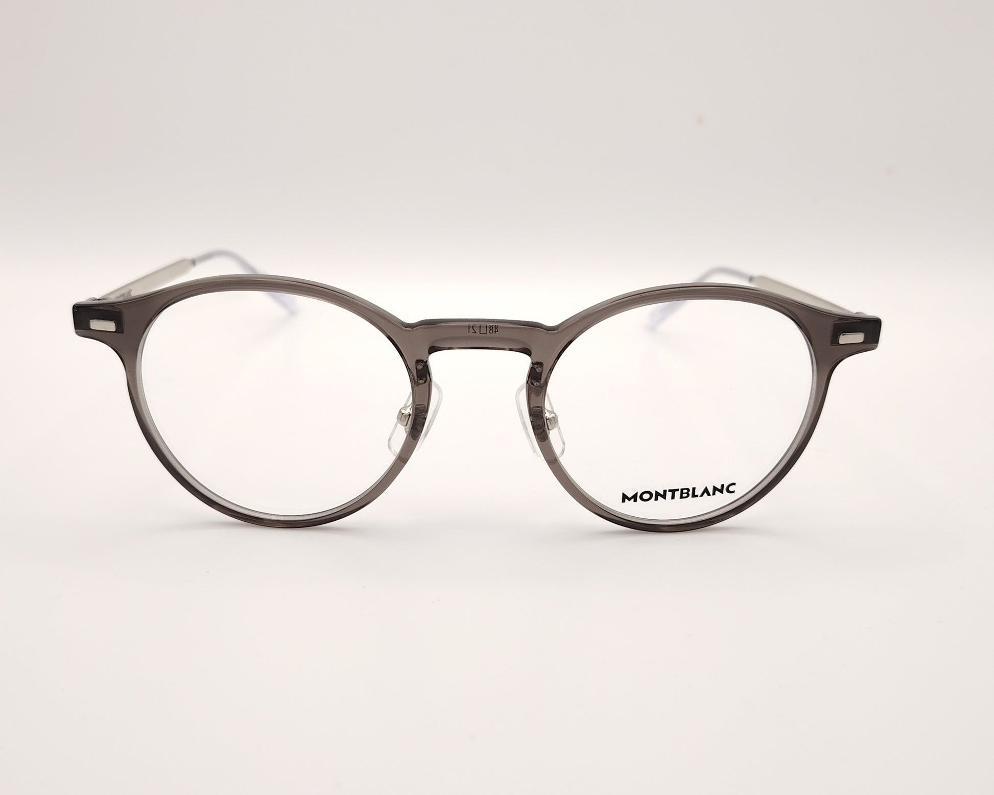 gafas montblanc redondas con frontal gris transparente y varillas metálicas finas