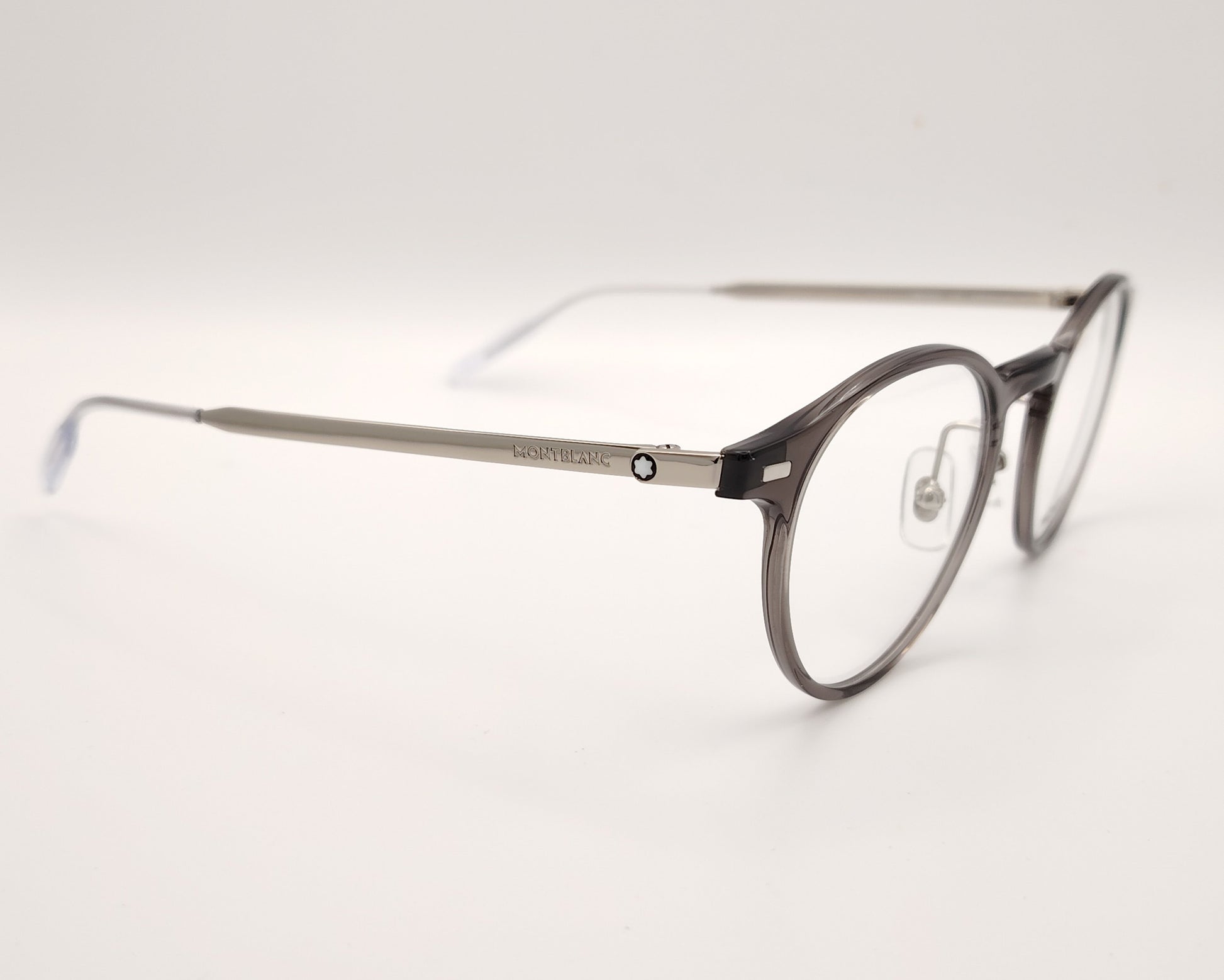 gafas montblanc redondas con frontal gris transparente y varillas metálicas finas