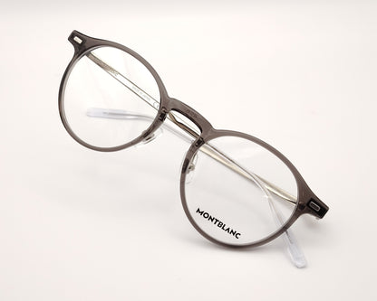 gafas montblanc redondas con frontal gris transparente y varillas metálicas finas