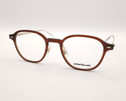 gafas montblanc  semi redondas con frontal marrón translúcido y varillas metálicas finas
