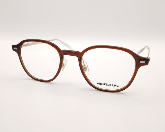 gafas montblanc  semi redondas con frontal marrón translúcido y varillas metálicas finas