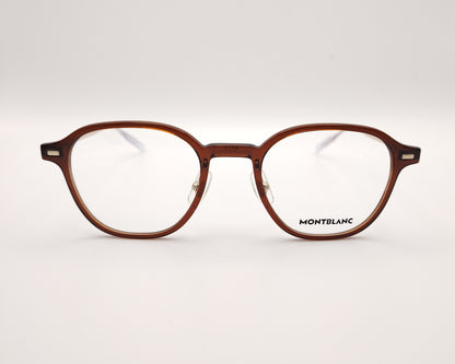 gafas montblanc  semi redondas con frontal marrón translúcido y varillas metálicas finas