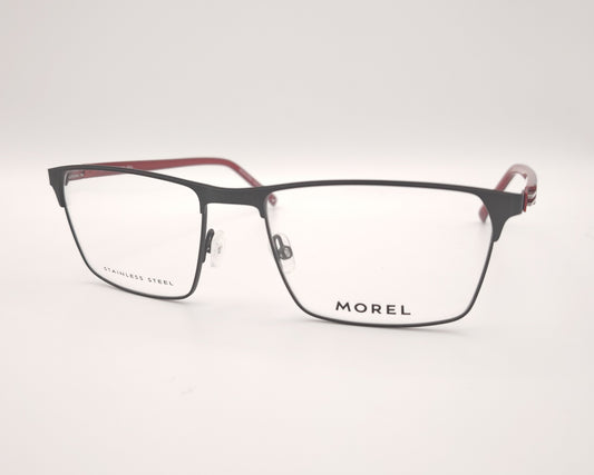 gafas morel rectangulares con montura negra y detalles rojos en las varillas