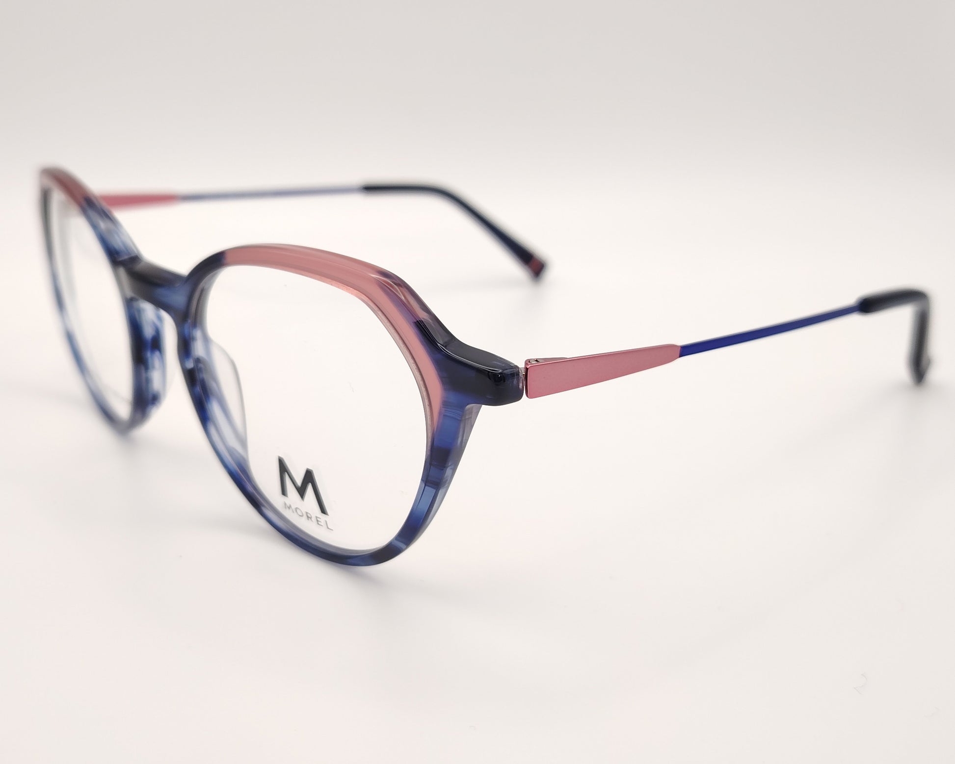 morel 40223n bp05 gafas de vista con montura combinada en acetato y metal diseño en tonos azul y rosa forma redondeada con detalles sofisticados varillas metálicas ligeras para un ajuste cómodo
