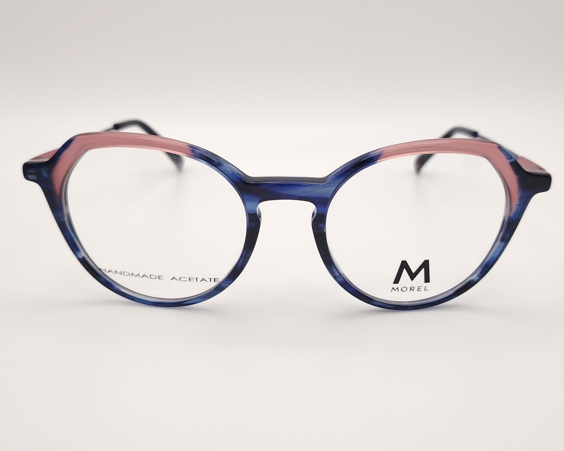 morel 40223n bp05 gafas de vista con montura combinada en acetato y metal diseño en tonos azul y rosa forma redondeada con detalles sofisticados varillas metálicas ligeras para un ajuste cómodo