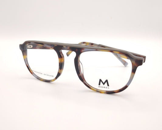 gafas de vista morel nomad con montura redondeada de acetato jaspeado en tonos marrón, gris y mostaza 