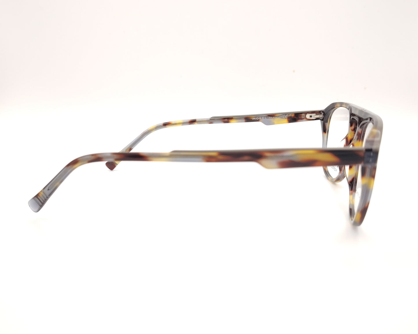 gafas de vista morel nomad con montura redondeada de acetato jaspeado en tonos marrón, gris y mostaza 