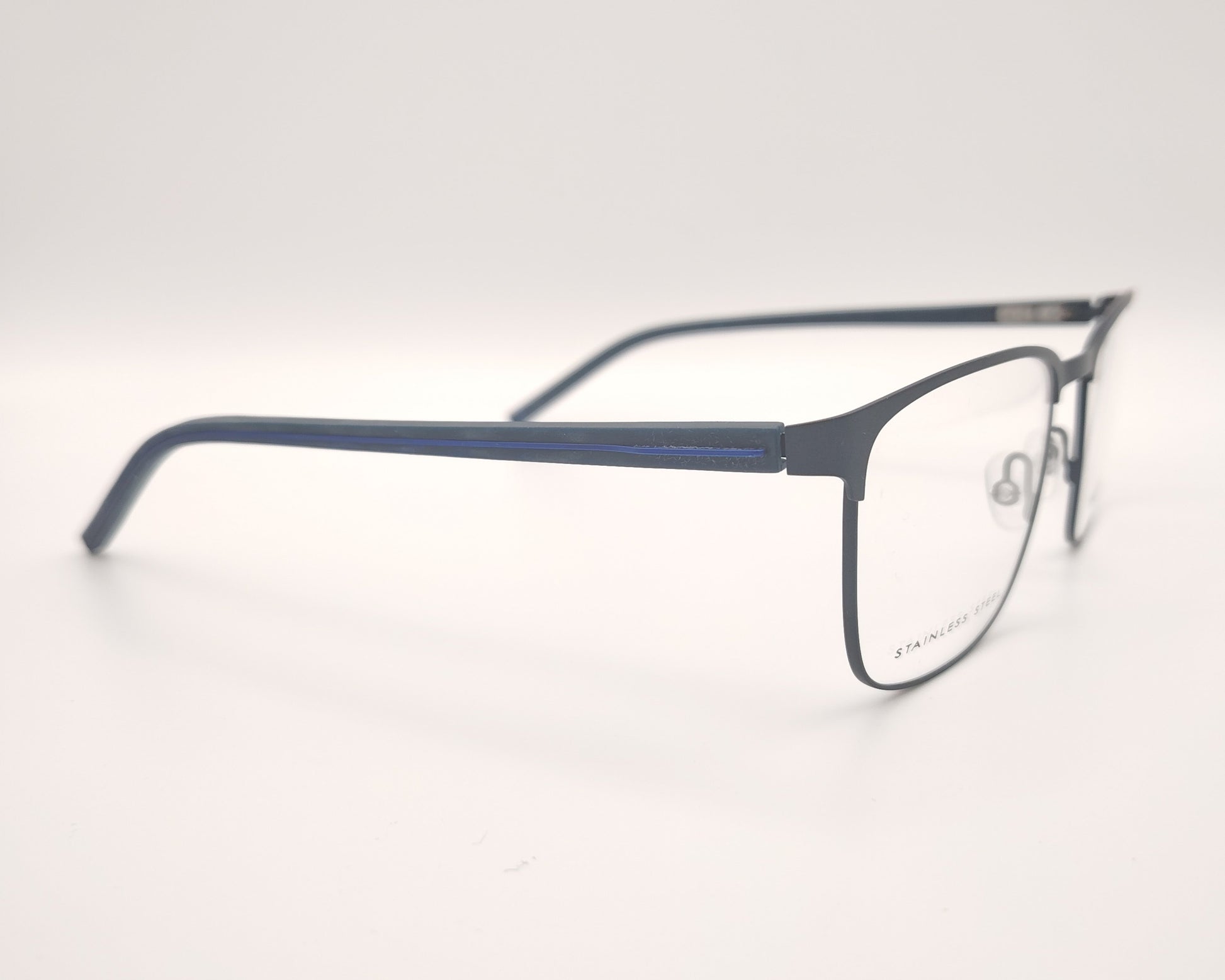 gafas graduadas morel de acero azul marino con montura rectangular y detalles azul eléctrico