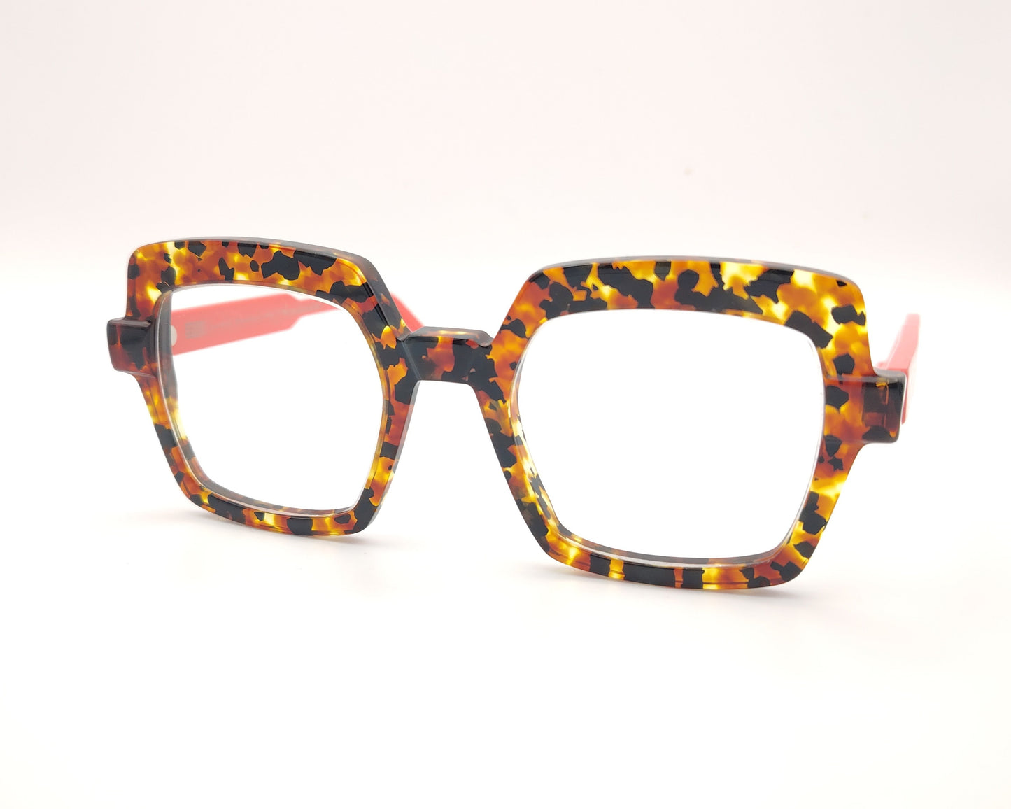 gafas graduadas de forma cuadrada en carey ámbar con varillas coral