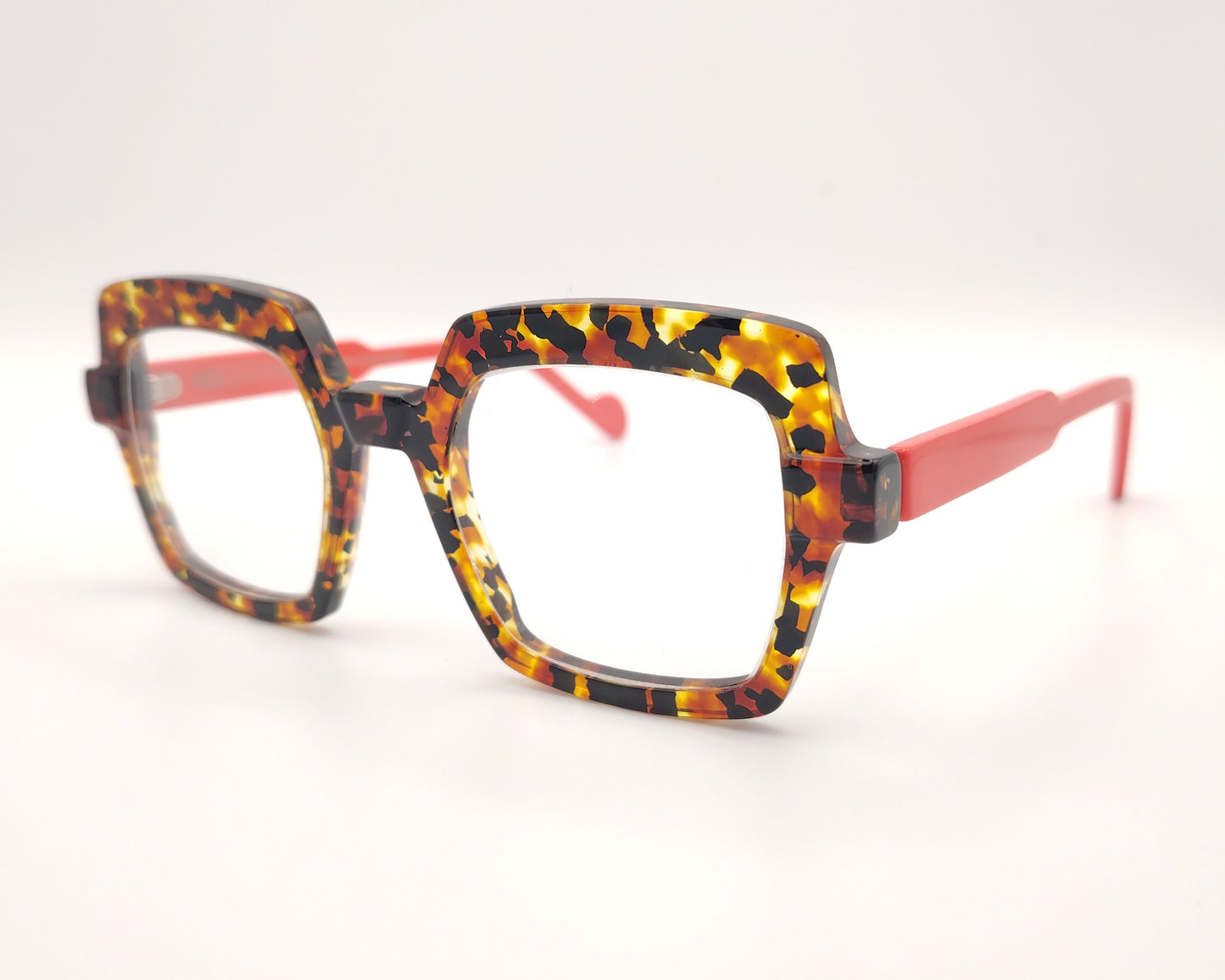gafas graduadas de forma cuadrada en carey ámbar con varillas coral