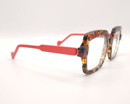 gafas graduadas de forma cuadrada en carey ámbar con varillas coral