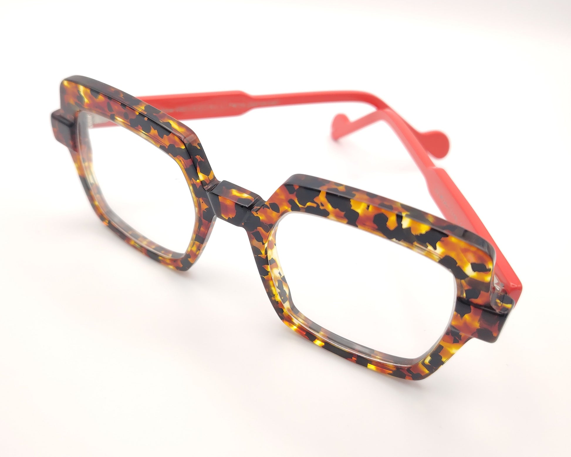gafas graduadas de forma cuadrada en carey ámbar con varillas coral