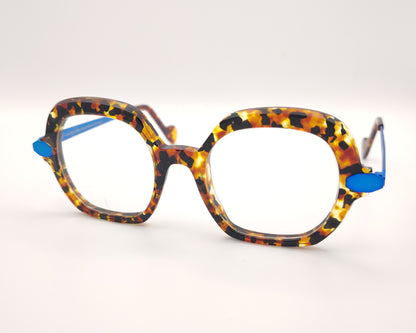 gafas carey de forma cuadrada redondeada con varillas metálicas azul eléctrico