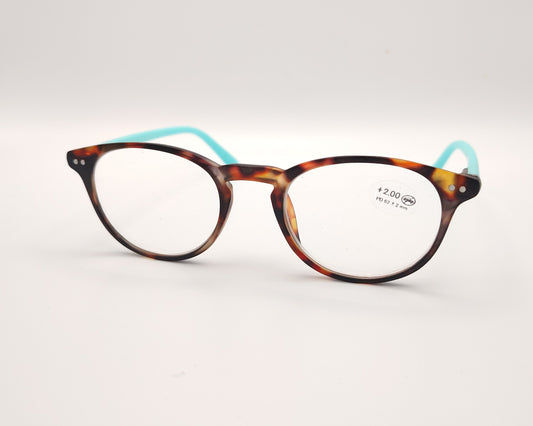 gafas de lectura premontadas redondas con montura carey y varillas azul turquesa