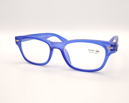 gafas de presbicia rectangulares color azul translúcido con detalles metálicos en la montura