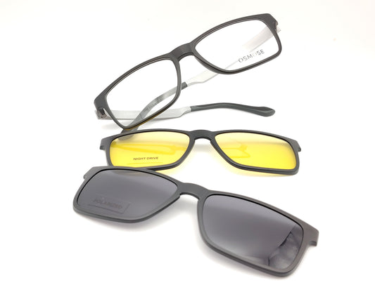 gafas de pasta en pasta negro mate  con dos clips, uno de sol polarizado y otro amarillo